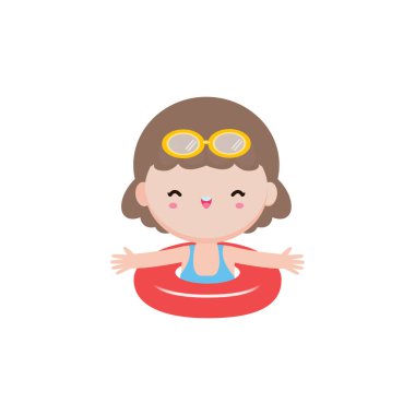 Yüzük takan çocuk, Sevimli Çocuklar çizgi film havuz partisi karakterleri, tatillerini deniz kenarında geçiren çocuk ya da beyaz arka planda yüzme havuzu illüstrasyonu