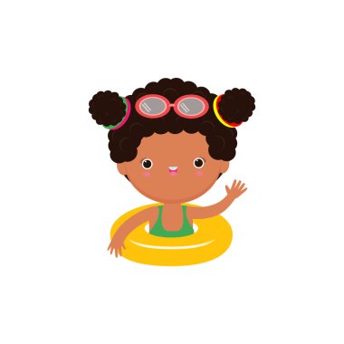 Yüzük takan çocuk, Sevimli Çocuklar çizgi film havuz partisi karakterleri, tatillerini deniz kenarında geçiren çocuk ya da beyaz arka planda yüzme havuzu illüstrasyonu