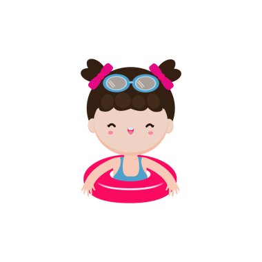 Yüzük takan çocuk, Sevimli Çocuklar çizgi film havuz partisi karakterleri, tatillerini deniz kenarında geçiren çocuk ya da beyaz arka planda yüzme havuzu illüstrasyonu