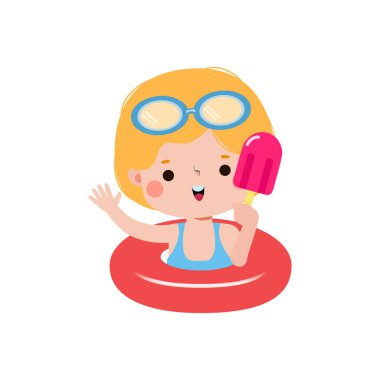 Cute kid wearing float ring and eating ice cream in Pool party, cartoon character flat style vector illustration on white background