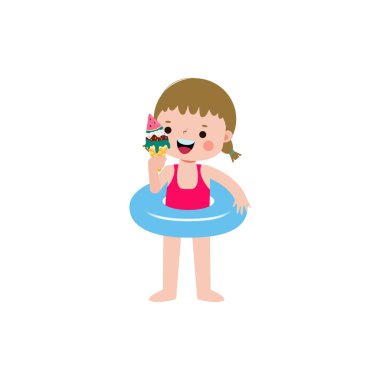 Cute kid wearing float ring and eating ice cream in Pool party, cartoon character flat style vector illustration on white background