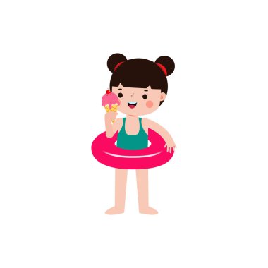 Cute kid wearing float ring and eating ice cream in Pool party, cartoon character flat style vector illustration on white background