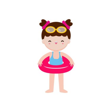 Plajda yüzüklü şirin bir çocuk, beyaz arka planda çizgi film karakteri düz stil vektör çizimi