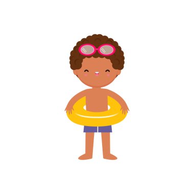 Plajda yüzüklü şirin bir çocuk, beyaz arka planda çizgi film karakteri düz stil vektör çizimi