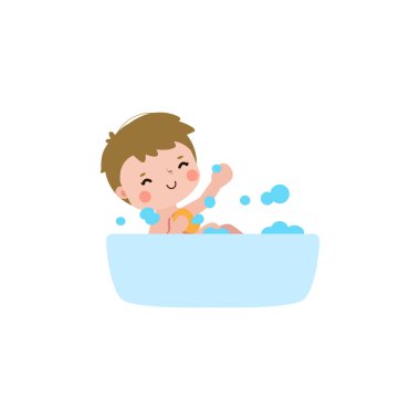 Tatlı küçük çocuk küvette banyo yapıyor, çizgi film karakteri çizimi düz arka planda.