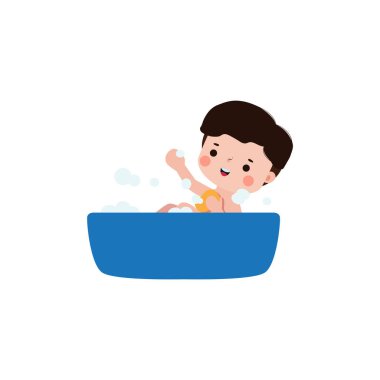 Tatlı küçük çocuk küvette banyo yapıyor, çizgi film karakteri çizimi düz arka planda.