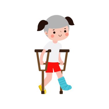 Taylandlı çocuk alçıtaşında kırık bacakla yaralanmış. Koltuk değnekleriyle ayakta duran küçük çocuklar, çizgi filmlerdeki sakat karakterli, alçılı bacağı kırık çocuklar. Beyaz arkaplan vektör illüstrasyonunda izole edildi