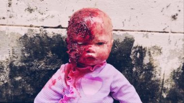 Korkunç kanlı bebek Cadılar Bayramı konsepti, çocukların kapanışı, gizemli bebek hayaleti, korkunç bebek video görüntüleri.
