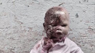 Korkunç kanlı bebek Cadılar Bayramı konsepti, çocukların kapanışı, gizemli bebek hayaleti, korkunç bebek video görüntüleri.