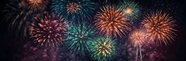 Abstract colored fireworks background with beautiful fireworks lighting up the night sky. Bokeh effect clipart