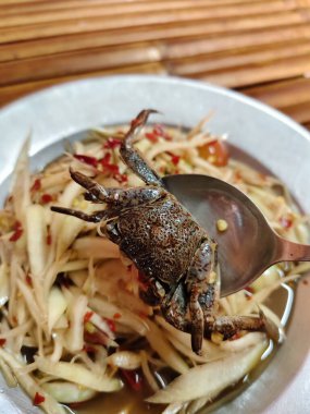 Tuzlu yengeç ve mayalanmış balıklı baharatlı Papaya Salatası (SOMTUM) Tayland yemeği