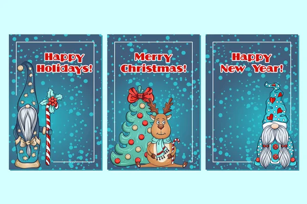 Set Merry Christmas New Year Greeting Cards Scandinavian Christmas Gnomes — Stock Vector