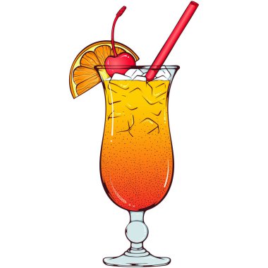 Portakal ve kirazlı tekila kokteyli. Elle çizilmiş çizgi film tarzında vektör renk çizimleri. Beyaza izole edilmiş alkollü içki bardağı. Boyama kitabı, tasarım, baskı elementi.