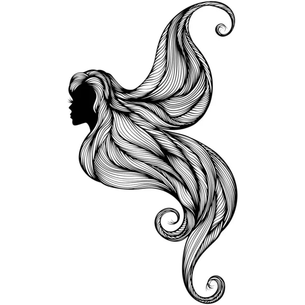 長い髪の少女のシルエット プロフィールの肖像画 蝶のような髪型 手描きスケッチのドアスタイルでベクトルイラスト 白に隔離されたラインアートの豪華な髪のスタイル — ストックベクタ