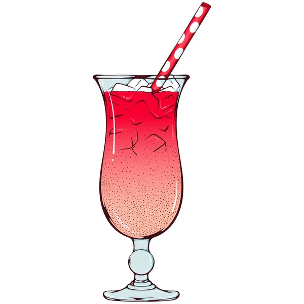 粉红鸡尾酒加冰块和稻草 矢量彩色插图手绘卡通风格 关闭玻璃与酒精饮料隔离在白色 印刷用着色元件 — 图库矢量图片