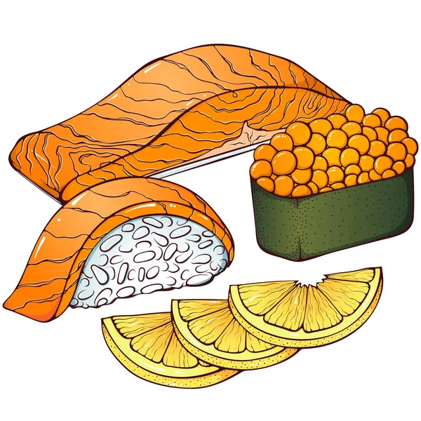Still Life Salmon Fillets Sushi Ikura Nigiri Vector Color Illustrations — Stock Vector