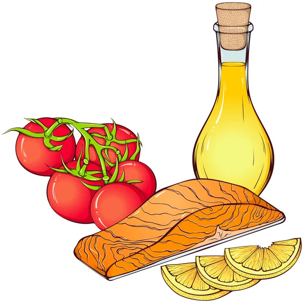 Bodegón Con Filetes Salmón Tomates Una Botella Aceite Oliva Ilustraciones — Vector de stock