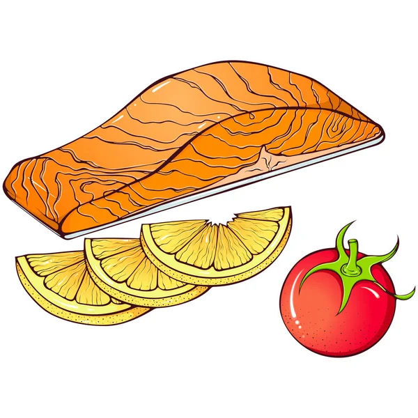 还有鲑鱼片 柠檬和西红柿 矢量彩色插图手绘卡通风格 关闭健康的鱼食物隔离在白色 烹调书 印刷元件 — 图库矢量图片