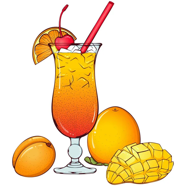 Stále Život Tequila Sunrise Koktejl Různé Ovoce Vektorové Barevné Ilustrace — Stockový vektor