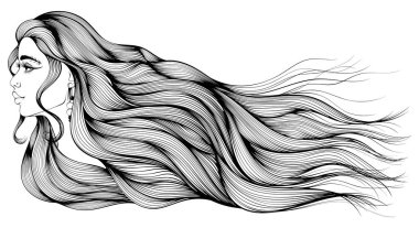 Uzun saçlı bir kızın profili. Elle çizilmiş vektör çizimleri karalama stili. Beyaz renkli kitap sayfasında izole edilmiş lüks saç stili. Kuaförler için tasarım, güzellik, moda