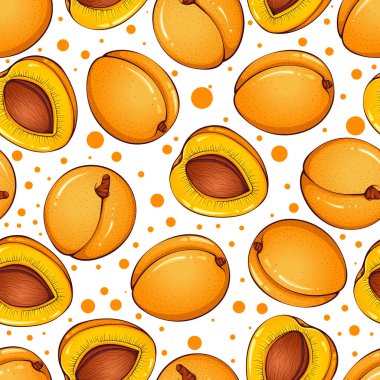 Seamless pattern with whole and half apricots. Vector cartoon illustration isolated on white. Design for textile, wallpapers, home decoration, wrapping paper, scrapbooking. Fruit background