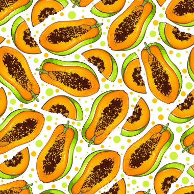 Seamless pattern with half and piece of papaya. Vector cartoon illustration isolated on white. Design for textile, wallpapers, home decoration, wrapping paper, scrapbooking. Fruit background