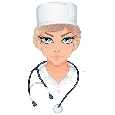 Portrait of blonde woman doctor in a cap with a stethoscope. Color vector illustration in cartoon style isolated on white. Medicine and health care. Medical workers or hospital staff