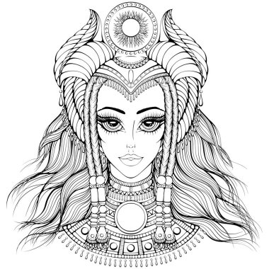 Stylized cartoon Egyptian woman in ancient hairstyle. Vector illustrations in hand drawn sketch doodle style isolated. Coloring book page. Queen, goddess, princess. Print, tattoo. Decorative headdress