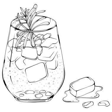 Cold cocktail with pomegranate, ice and rosemary. Vector illustration in hand drawn sketch doodle style. Line art fresh exotic drink isolated on white. Element for coloring book, design, print.
