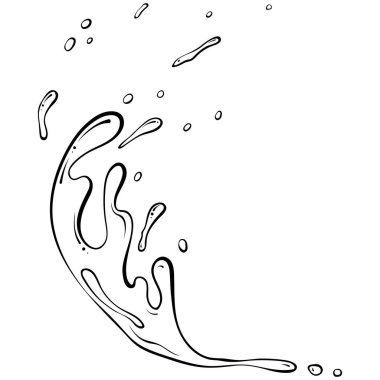 Splashes of water or paint. Spray of fluid. Vector illustration in hand drawn sketch doodle style. Line art liquid with drops isolated on white. Splash water motion