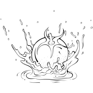 Whole tomato with juice or water splash. Liquid drops. Vector illustration in hand drawn sketch doodle style. Line art ingredient for fresh juice isolated on white. Close up organic vegetable