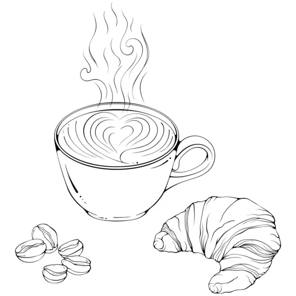 Cup Coffee Cappuccino Croissant Coffee Beans Vector Illustration Hand Drawn — Archivo Imágenes Vectoriales