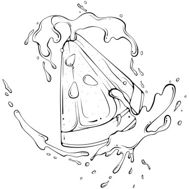 Meyve suyu ya da su sıçramalı üçgen karpuz parçası. Sıvı damlaları. Elle çizilmiş robot resim çiziminde vektör illüstrasyonu. Beyaza izole edilmiş taze meyve suyu için çizgili sanat malzemesi. Meyveyi kapat..