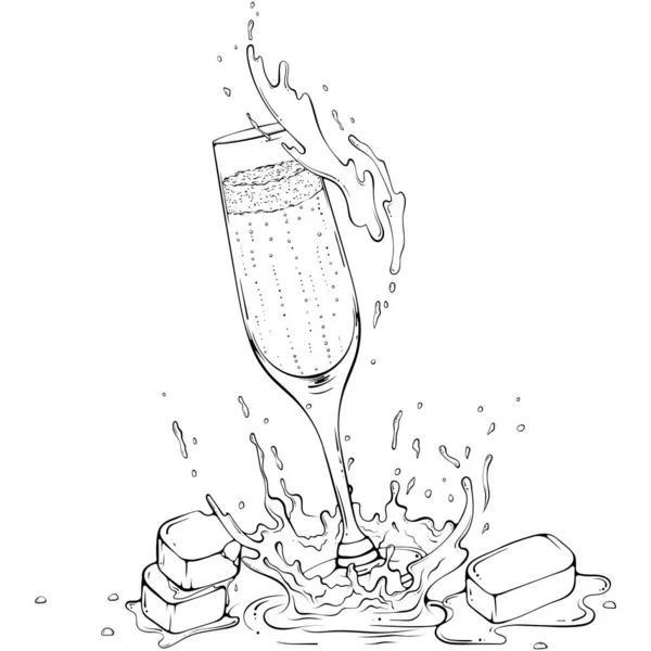 香槟酒的长笛 加冰和水 一杯具有线条艺术风格的闪闪发光的葡萄酒 在白色上孤立的手绘草图样式的矢量插图 酒精饮料 — 图库矢量图片