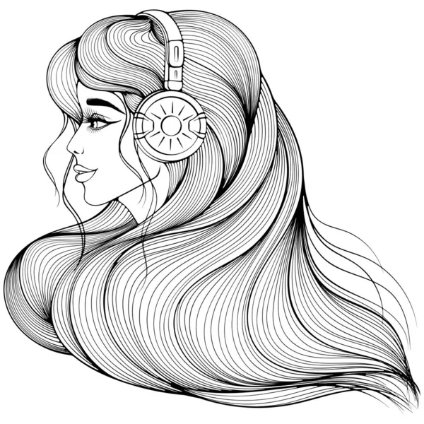 Profil Eines Mädchens Mit Kopfhörer Frauenporträt Mit Langen Haaren Vektor — Stockvektor