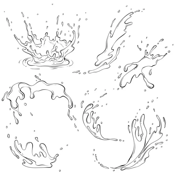 水花一组水花或油漆飞溅的液体 矢量插图手绘草图涂鸦风格 线条艺术液体与滴隔离在白色 洒水运动 摘要形状 — 图库矢量图片