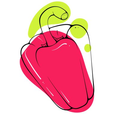 Bütün dolmalık biber taslağı. Soyut renkli benekleri olan şık bir eskiz. Lekeli siyah çizgiler, leke. Beyaz üzerine izole edilmiş modern illüstrasyon. Baskı, logo ve diğer şeyler için sebze tasarımı