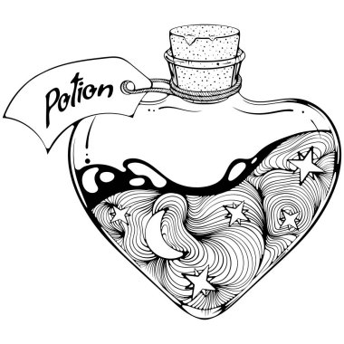 Kalp şeklindeki şişede sihirli sıvı ya da iksir ve etiket var. Zehir için şişe ya da mantarlı simya. Elle çizilmiş vektör çizimleri beyaza izole edilmiş. Yazdırma için siyah özet grafikleri