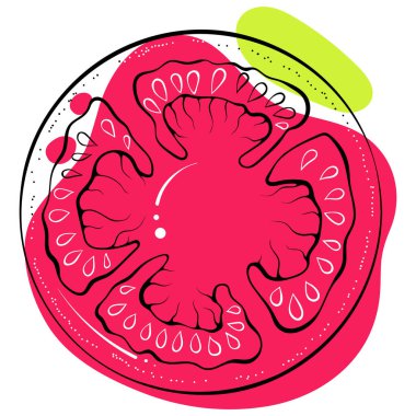 Domates hatlarını çember yapın. Yuvarlak sebze dilimi. Soyut renkli benekleri olan şık bir eskiz. Lekeli siyah çizgiler, leke. Beyaz üzerine izole edilmiş modern illüstrasyon. Yazdırma ve logo için tasarım