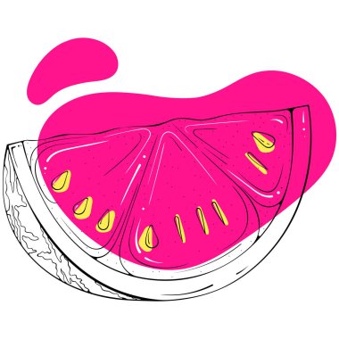 Tohumlu bir karpuz parçası. Soyut renkli benekleri olan şık bir eskiz. Lekeli siyah çizgiler, leke. Beyaz üzerine izole edilmiş modern illüstrasyon. Yazdırma ve logo için meyve tasarımı