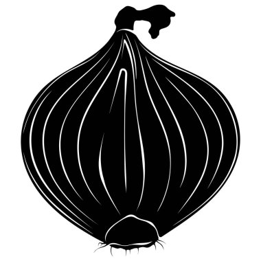 Yarım soğan silueti. Ampul simgesi. Siyah vektör çizimi beyaza izole edildi. Sebzeleri basit çizgi film tarzında kapat. Taze organik gıda baharatı.