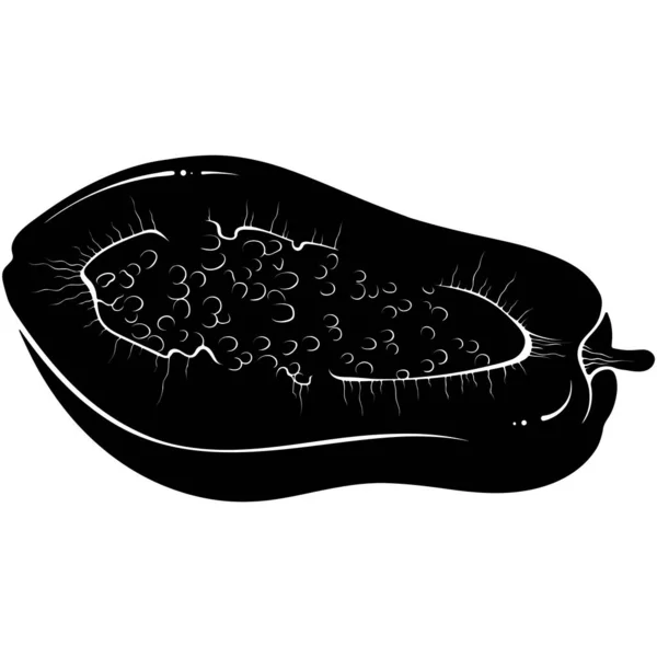種子を半分のパパイヤのシルエット 甘いフルーツアイコン 白で区切られた黒いベクトル図 シンプルな漫画スタイルでパパイヤを閉じます 新鮮な有機エキゾチックな食べ物 — ストックベクタ