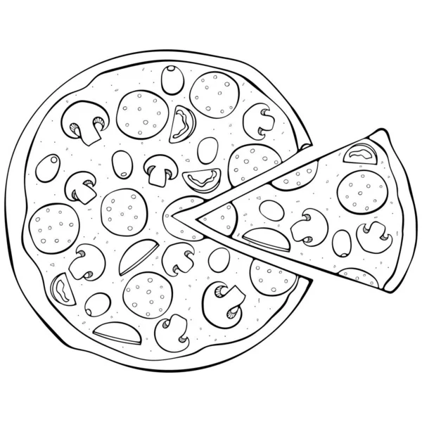 Pizza Inteira Com Peça Cortada Comida Italiana Tradicional Com Cogumelos — Vetor de Stock