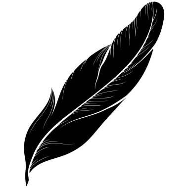 Kuş tüyü silueti. Siyah el çizimi beyaza izole edilmiş. Basit düz stil. Plumelet simgesi