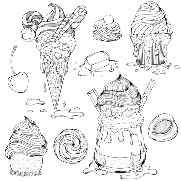 Különböző Desszertek Fagylalttal Jégkrém Tölcsér Turmix Koktél Torta Desszert Jégkrém — Stock Vector