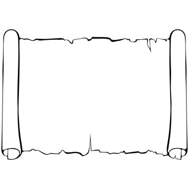 Yatay parşömen kağıdı. Kopyalama uzayı olan eski bir parşömen. Elle çizilmiş vektör çizimleri beyaza izole edilmiş. Baskı için siyah çizgili grafikler. Metin için alanı olan sancak parşömeni
