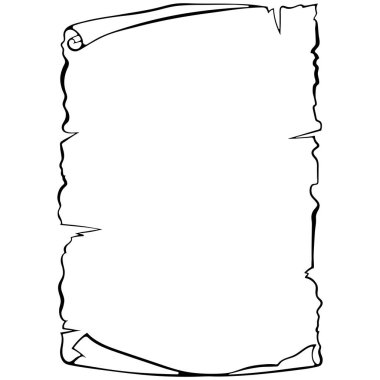 Dikey parşömen eski papirüsü açtı. Kopyalama uzayı olan eski bir parşömen. Elle çizilmiş vektör çizimleri beyaza izole edilmiş. Siyah çizgili grafikler. Metin için alanı olan sancak parşömeni