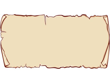 Yatay parşömen kağıdı. Eski papirüs kağıdı. Kopyalama uzayı olan eski bir parşömen. Beyaz üzerine izole edilmiş renkli çizgi film tarzında vektör çizimleri. Metin için alanı olan sancak parşömeni