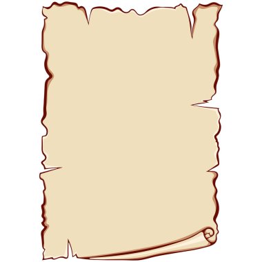 Dikey parşömen eski kağıtları açtı. Kopyalama uzayı olan eski bir parşömen. Beyaz üzerine izole edilmiş renkli çizgi film tarzında vektör çizimleri. Baskı için basit grafik. Metin için yeri olan sancak parşömeni