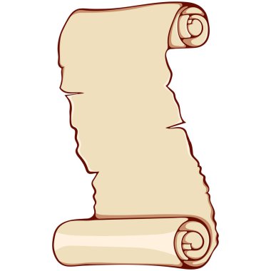 Dikey parşömen eski kağıtları açtı. Kopyalama uzayı olan eski bir parşömen. Beyaz üzerine izole edilmiş renkli çizgi film tarzında vektör çizimleri. Baskı için basit grafik. Metin için alanı olan sancak parşömeni